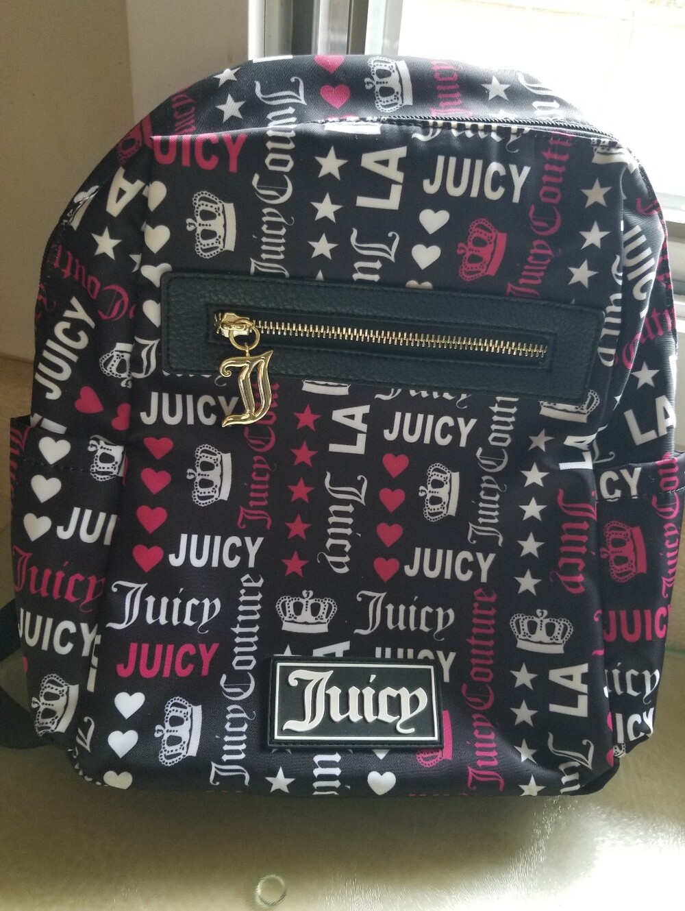 Juicy Couture Logo Print Backpack Black Pink Hearts OS